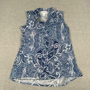 Anthropologie Peck & Peck Tunic Shirt Womens M Blue Sleeveless Paisley Button-Up